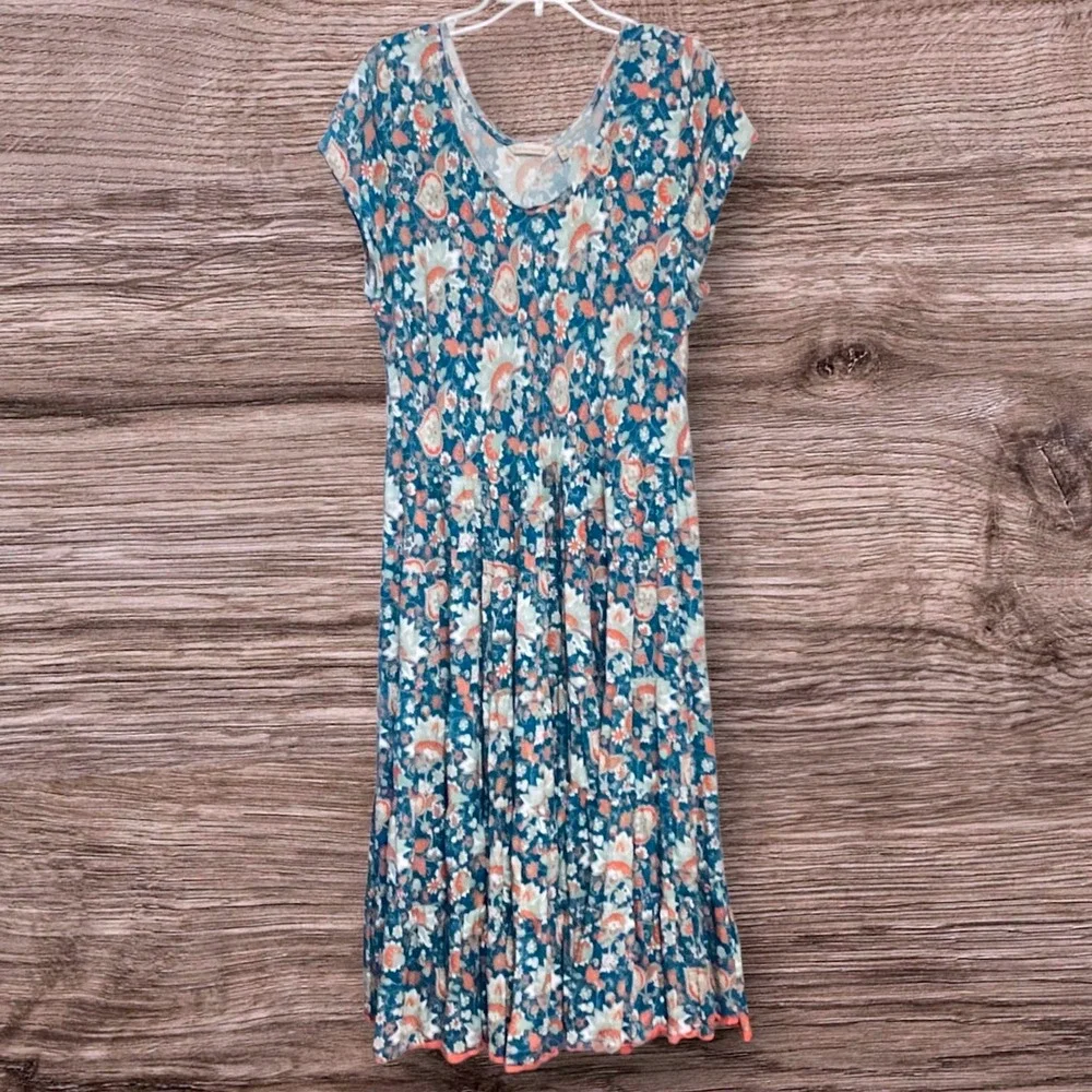Soft Surroundings Kara Maxi Dress Large TealFloral Boho Tiered Cottagecore  2X - Picture 4 of 9